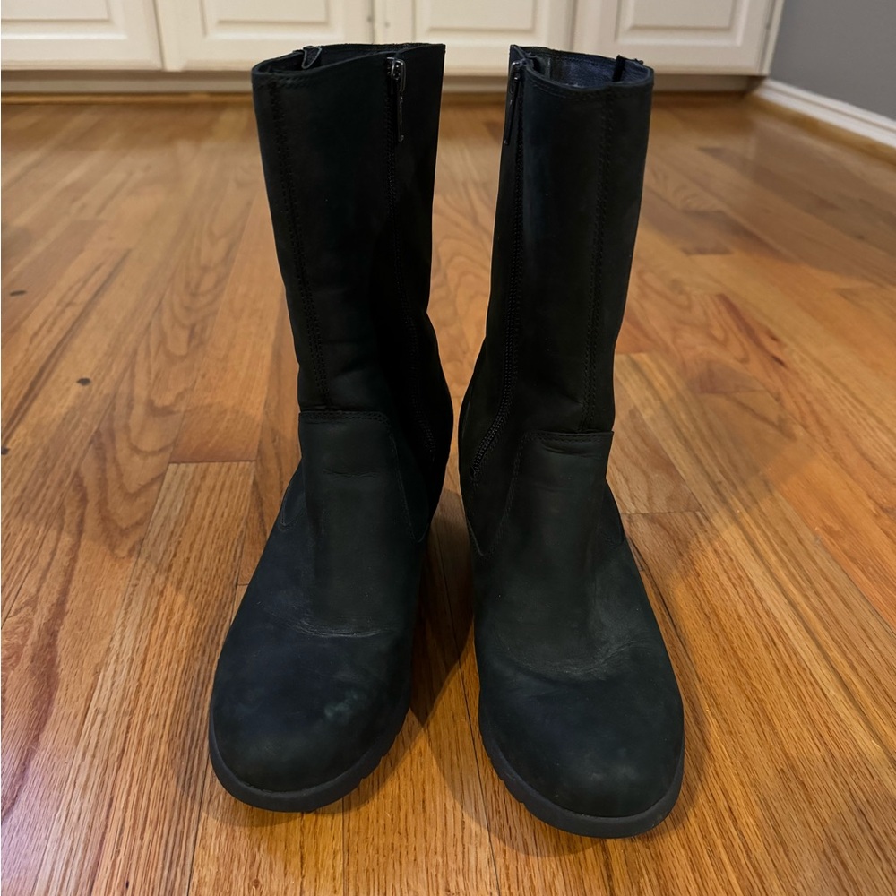 UGG Joely Black Leather Wedge Rain Boots